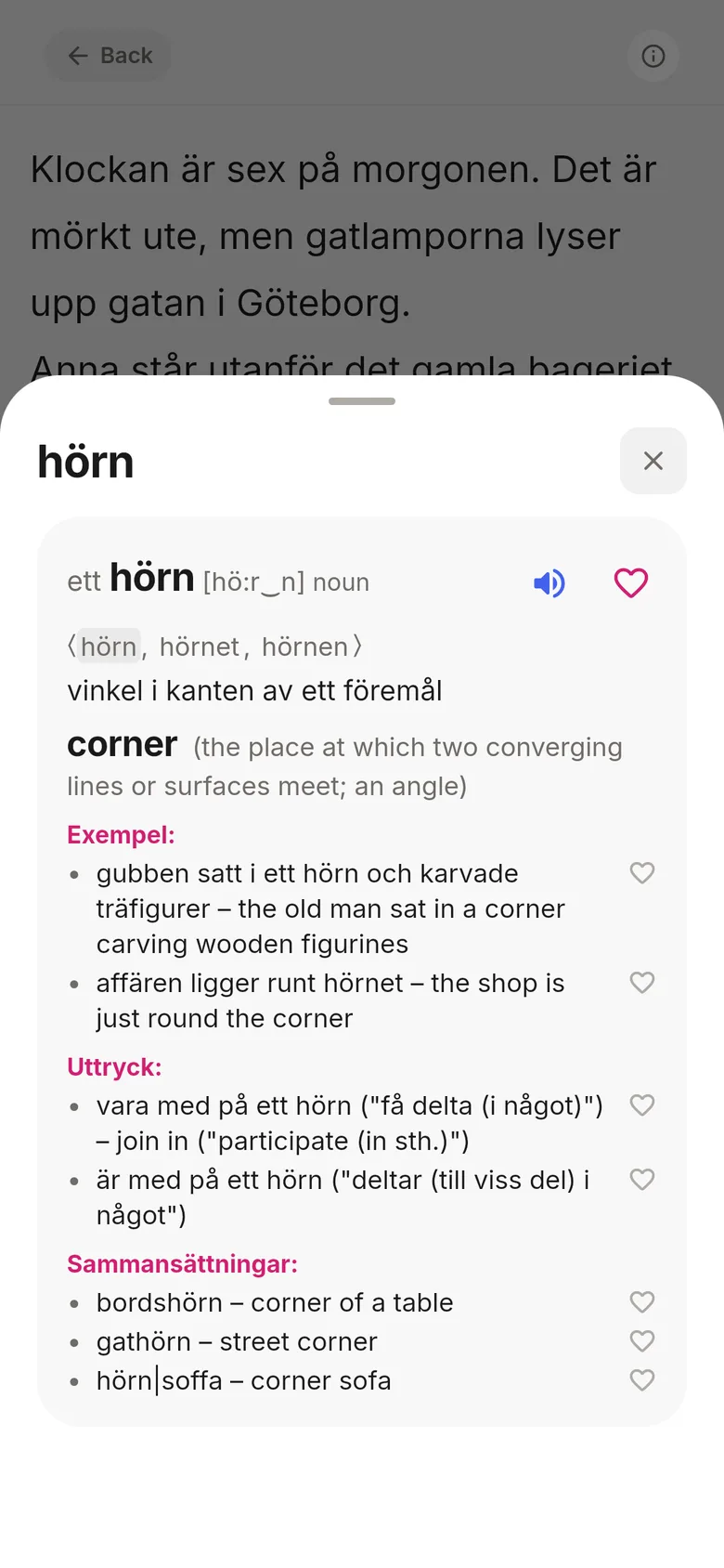 The Smisli dictionary opened from a story: the entry for “hörn” with gender, pronunciation, word forms, definition, examples, idioms and compound words, each with a save button.
