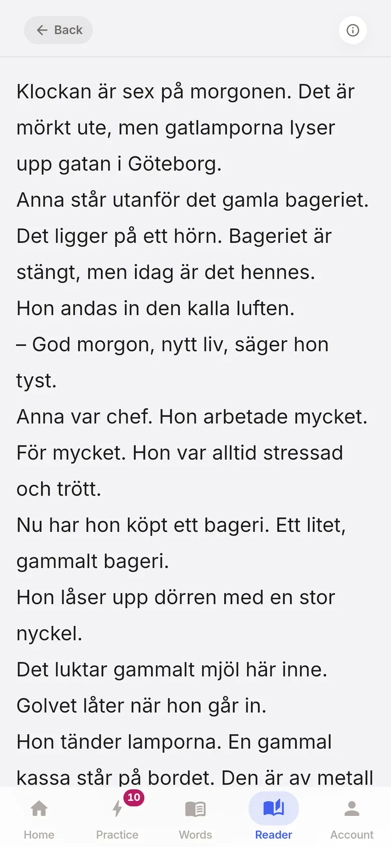 The Smisli reader: the first episode of the story Bageriet på hörnet, in large easy-to-read Swedish text.