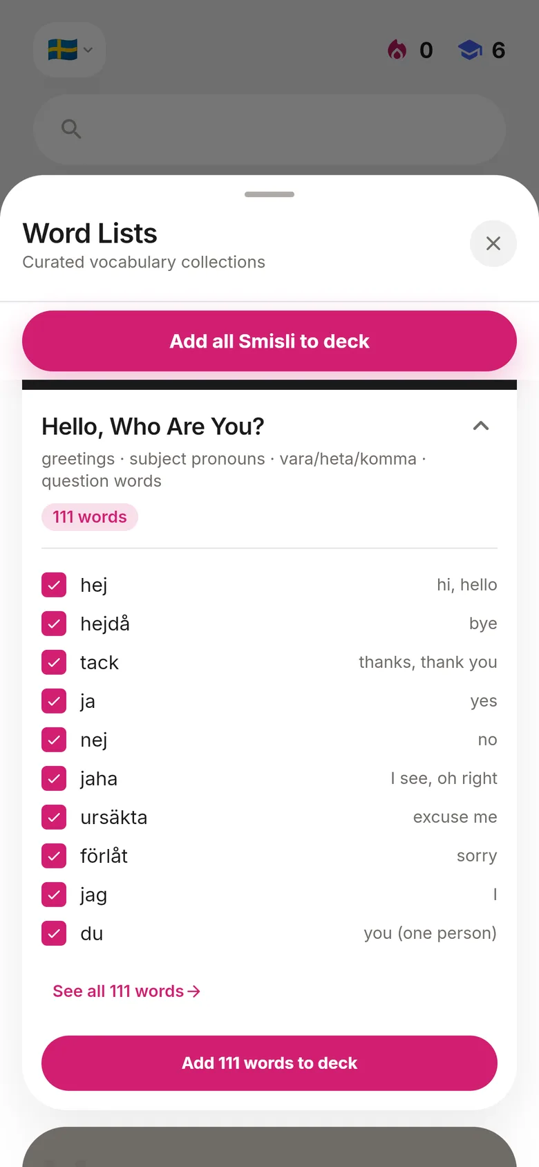 The Smisli app: the “Hello, Who Are You?” word pack opened, showing its first words with translations and a button to add all 111 words.